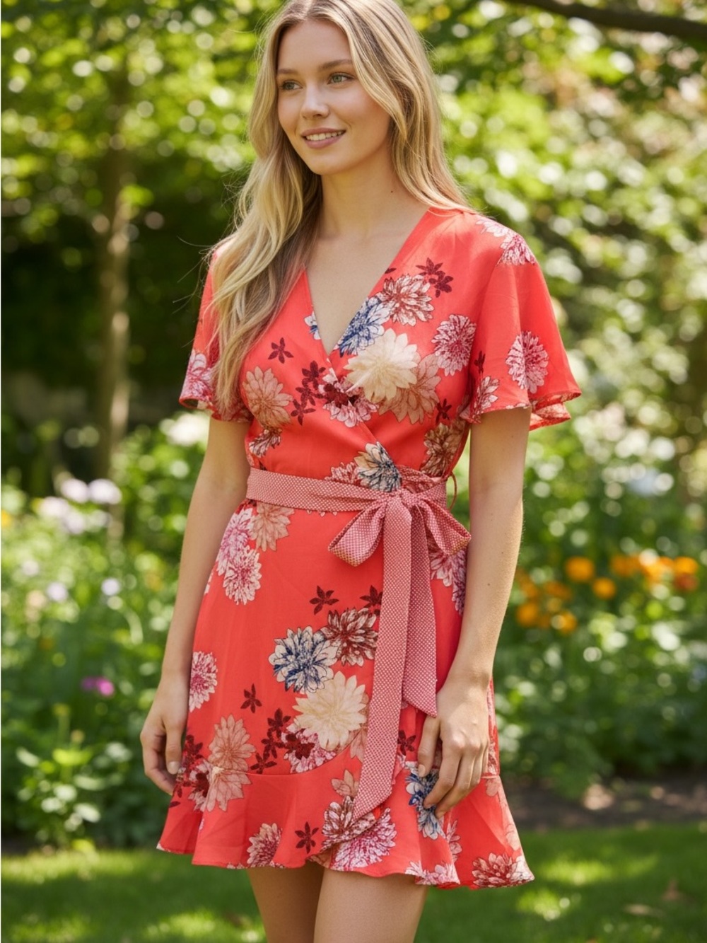 BB Dakota Coral Floral Wrap Mini Dress